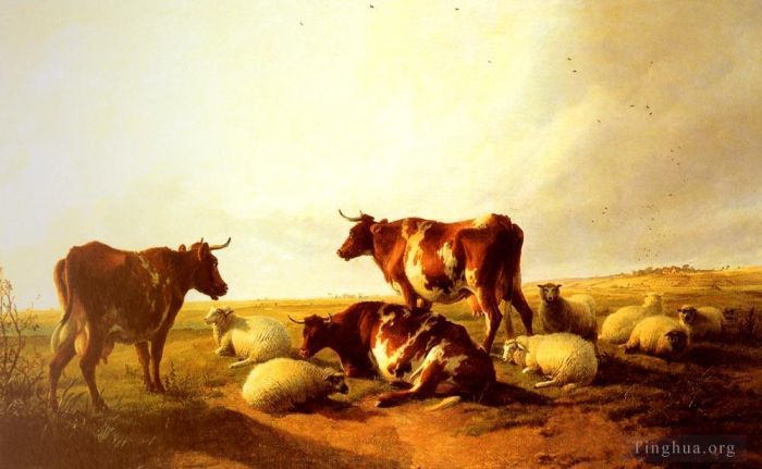 Thomas Sidney Cooper Ölgemälde - Rinder und Schafe in einer Landschaft