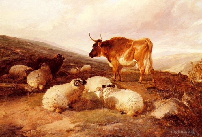 Thomas Sidney Cooper Ölgemälde - Widder und ein Stier in einer Hochlandlandschaft