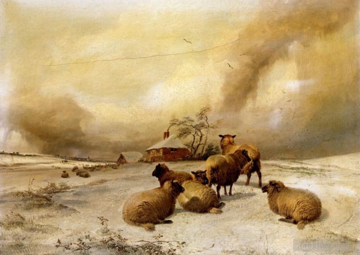 Thomas Sidney Cooper Ölgemälde - Schafe in einer Winterlandschaft