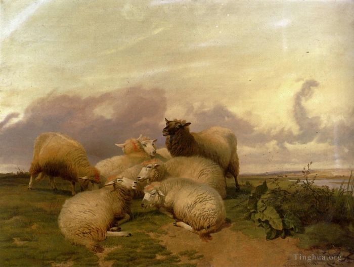 Thomas Sidney Cooper Ölgemälde - Schafe in den Wasserwiesen von Canterbury