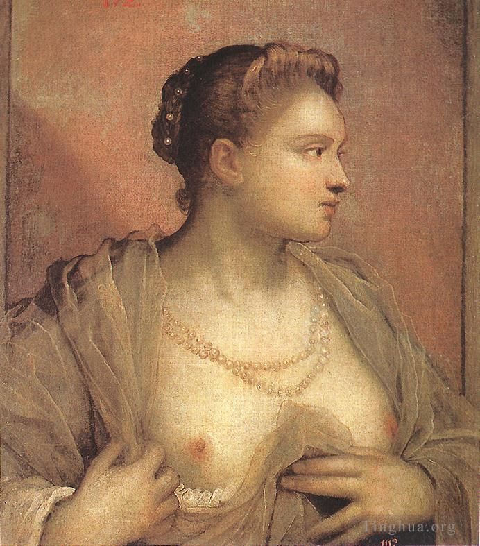Tintoretto Ölgemälde - Porträt einer Frau, die ihre Brüste enthüllt
