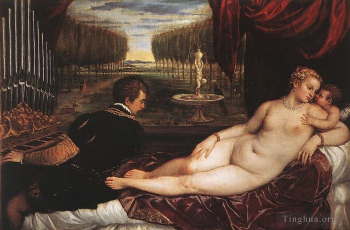 Titian Ölgemälde - Venus mit nacktem Organisten und Amor