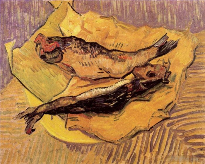 Vincent van Gogh Ölgemälde - Bloaters auf einem Stück gelbem Papier