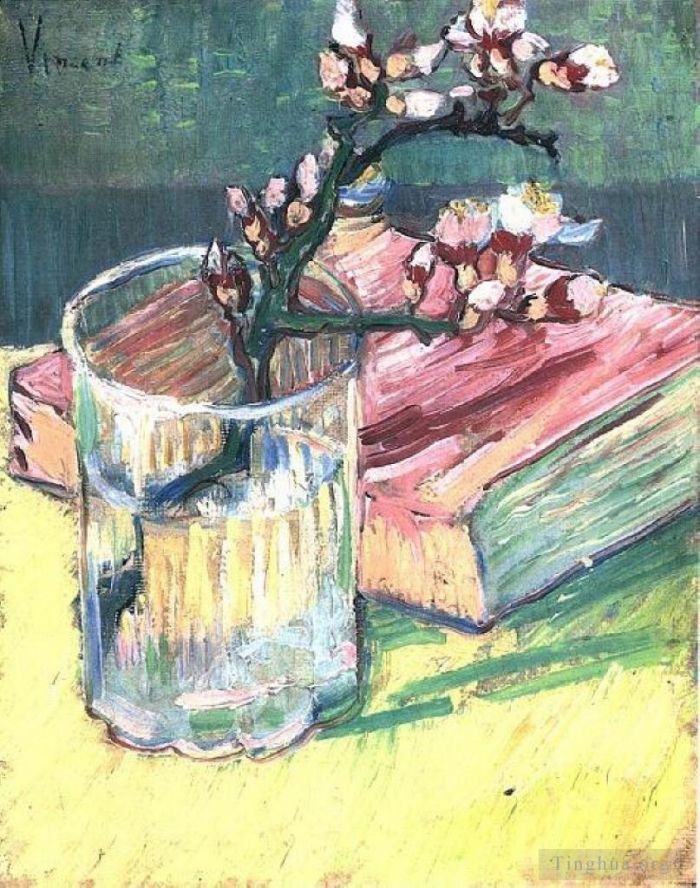 Vincent van Gogh Ölgemälde - Blühender Mandelzweig in einem Glas mit einem Buch