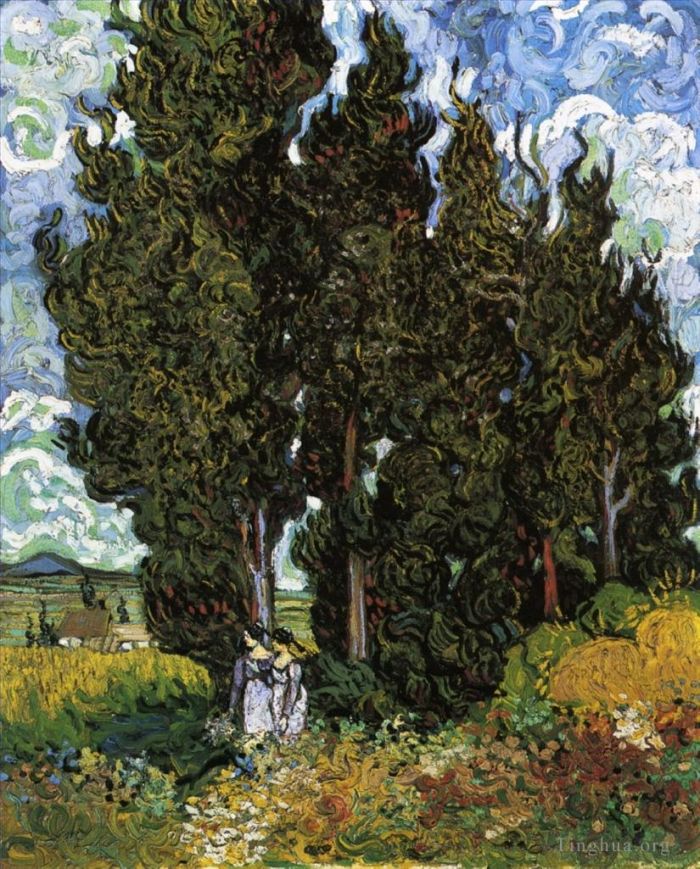 Vincent van Gogh Ölgemälde - Zypressen mit zwei Frauen