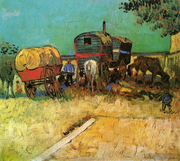 Vincent van Gogh Ölgemälde - Lager der Zigeuner mit Wohnwagen