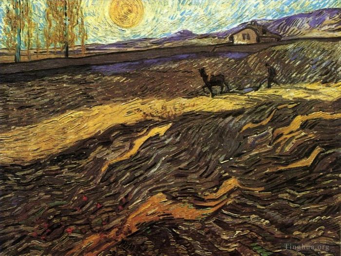 Vincent van Gogh Ölgemälde - Eingezäuntes Feld mit Pflüger
