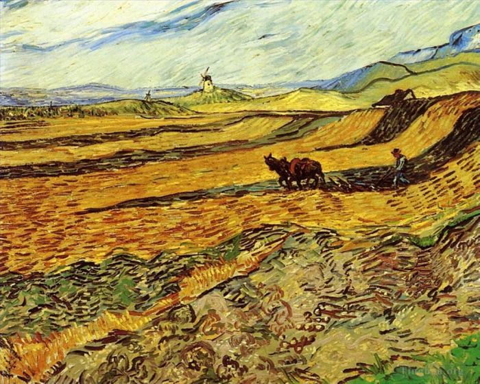 Vincent van Gogh Ölgemälde - Feld und Pflüger und Mühle