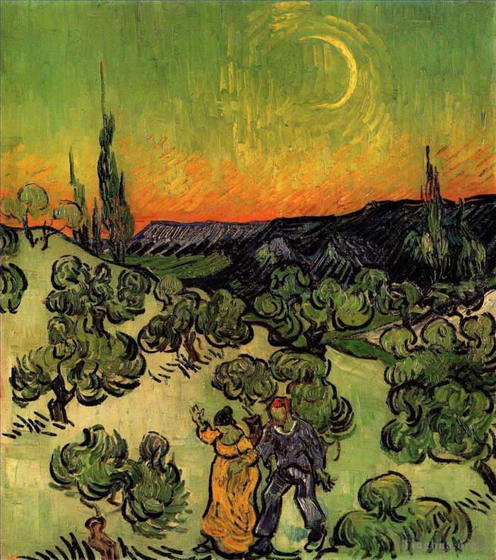 Vincent van Gogh Ölgemälde - Landschaft mit gehendem Paar und Halbmond