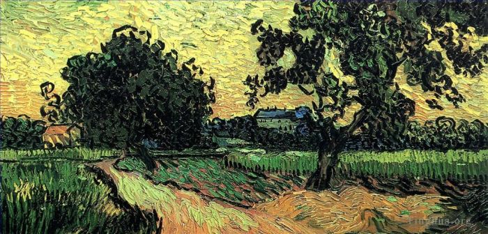 Vincent van Gogh Ölgemälde - Landschaft mit dem Schloss von Auvers bei Sonnenuntergang