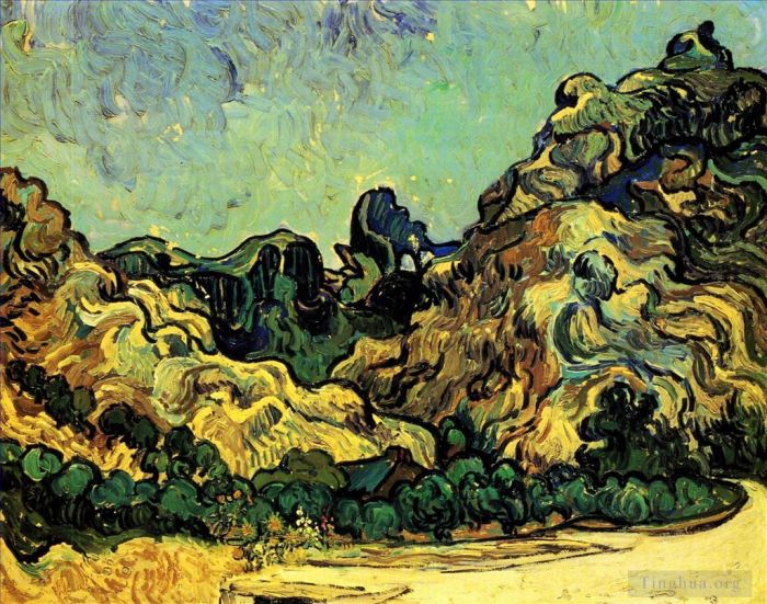 Vincent van Gogh Ölgemälde - Berge bei Saint Remy mit Dark Cottage