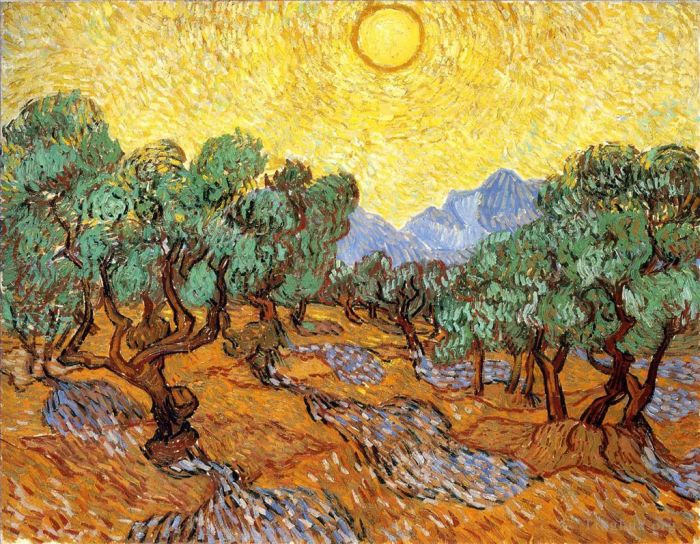 Vincent van Gogh Ölgemälde - Olivenbäume mit gelbem Himmel und Sonne