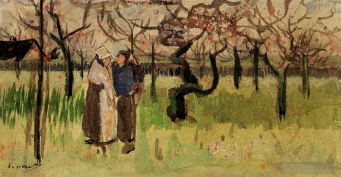 Vincent van Gogh Ölgemälde - Blühender Obstgarten mit zwei Figuren Frühling