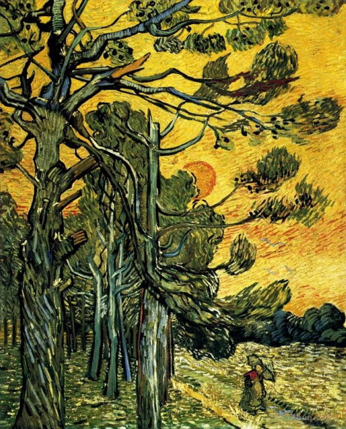 Vincent van Gogh Ölgemälde - Kiefern vor einem roten Himmel mit untergehender Sonne