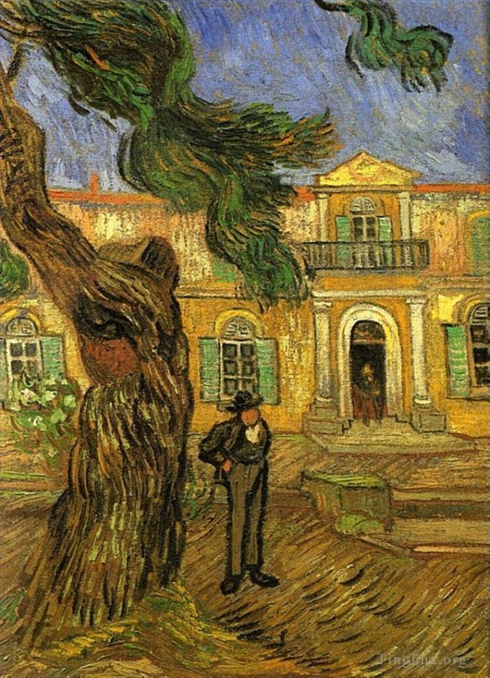 Vincent van Gogh Ölgemälde - Kiefern mit Figur im Garten des Saint Paul Hospital