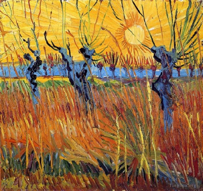 Vincent van Gogh Ölgemälde - Kopfweiden und untergehende Sonne