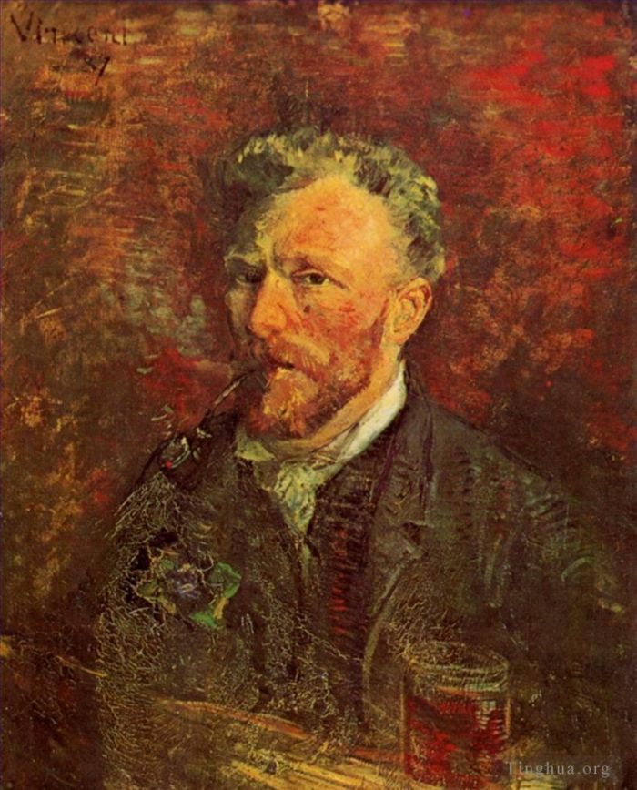 Vincent van Gogh Ölgemälde - Selbstporträt mit Pfeife und Glas