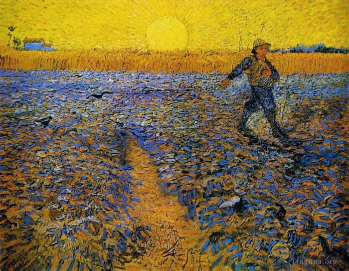 Vincent van Gogh Ölgemälde - Sämaschine mit untergehender Sonne nach Hirse