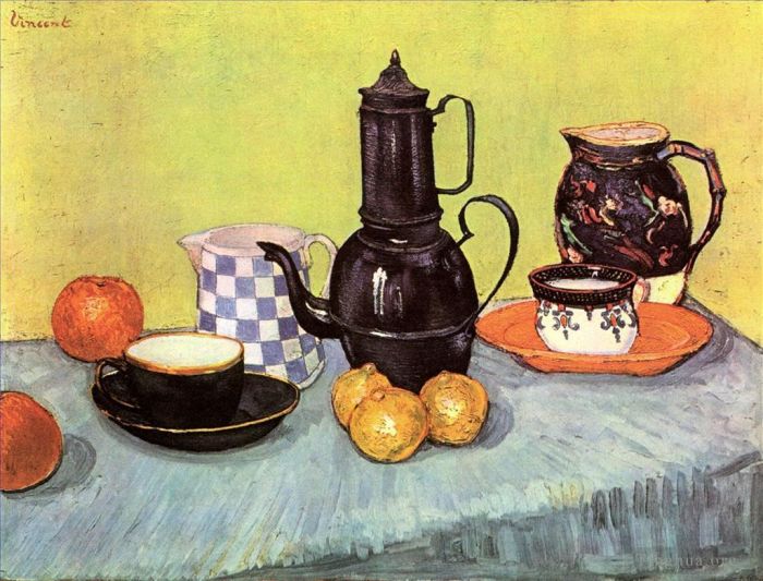 Vincent van Gogh Ölgemälde - Stillleben mit blau emaillierter Kaffeekanne, Steingut und Obst