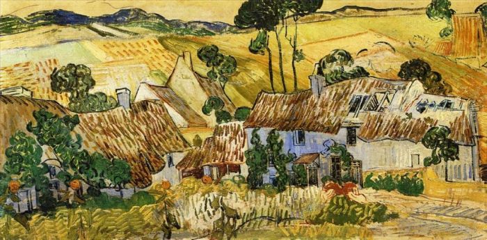 Vincent van Gogh Ölgemälde - Reetgedeckte Häuser vor einem Hügel