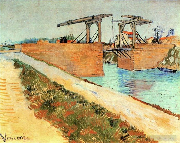 Vincent van Gogh Ölgemälde - Die Langlois-Brücke in Arles mit Straße entlang des Kanals