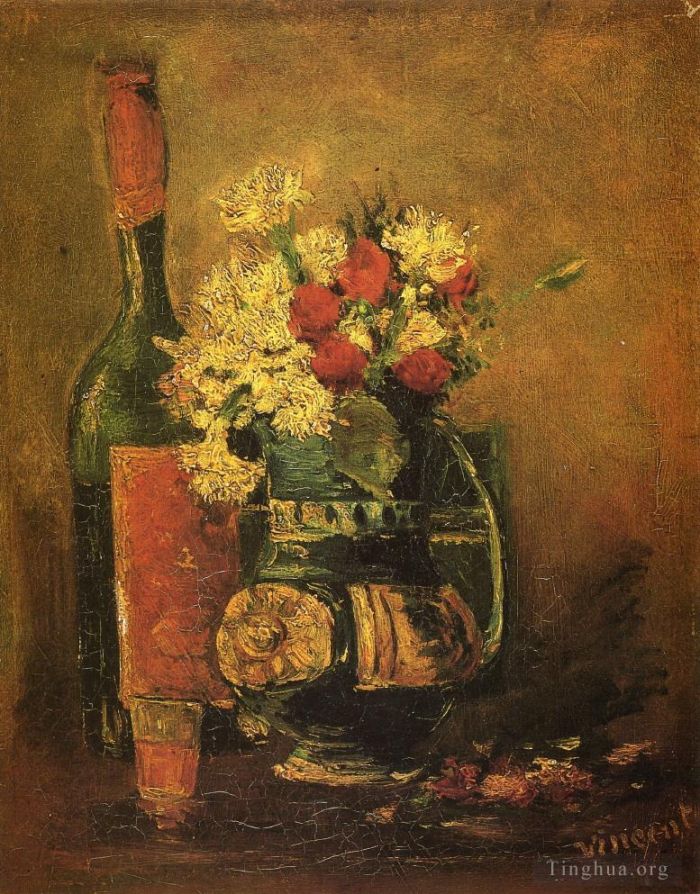 Vincent van Gogh Ölgemälde - Vase mit Nelken und Flasche