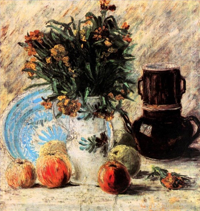 Vincent van Gogh Ölgemälde - Vase mit Blumen, Kaffeekanne und Obst