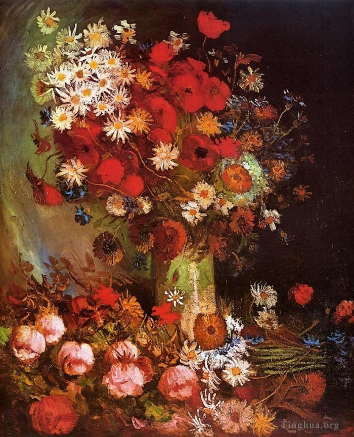Vincent van Gogh Ölgemälde - Vase mit Mohn, Kornblumen, Pfingstrosen und Chrysanthemen