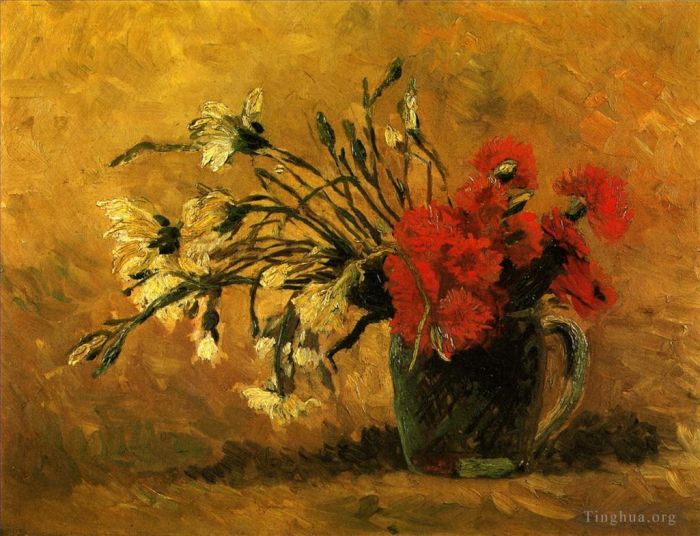 Vincent van Gogh Ölgemälde - Vase mit roten und weißen Nelken auf gelbem Hintergrund
