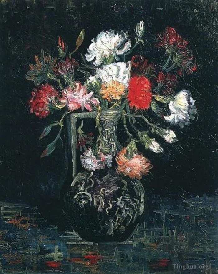 Vincent van Gogh Ölgemälde - Vase mit weißen und roten Nelken