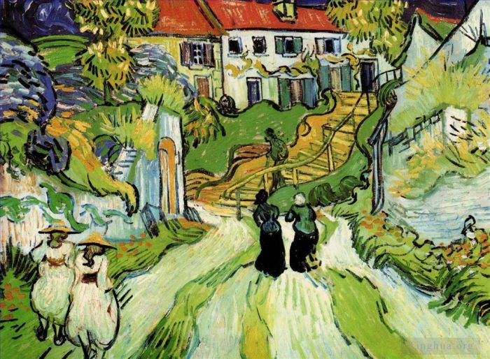 Vincent van Gogh Ölgemälde - Dorfstraße und Treppe in Auvers mit Figuren