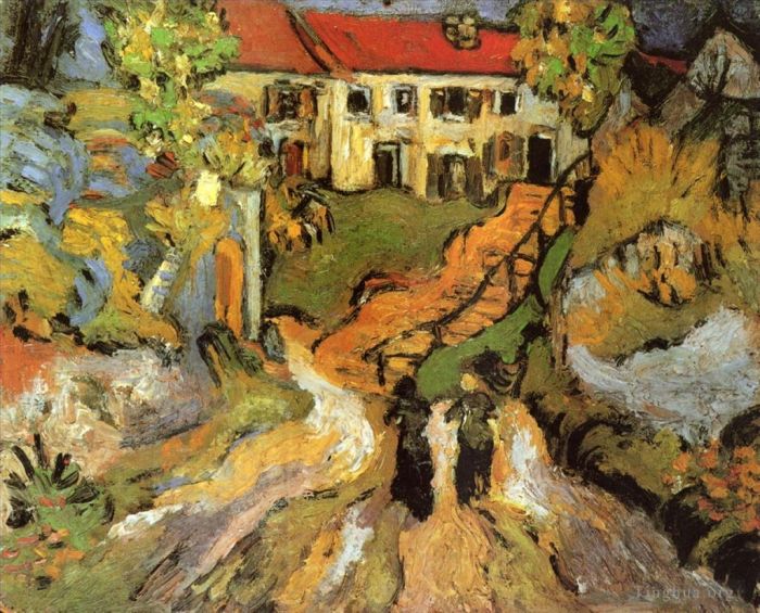 Vincent van Gogh Ölgemälde - Dorfstraße und Treppe in Auvers mit zwei Figuren