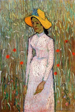 Vincent van Gogh Werk - Junges Mädchen steht vor einem Hintergrund aus Weizen