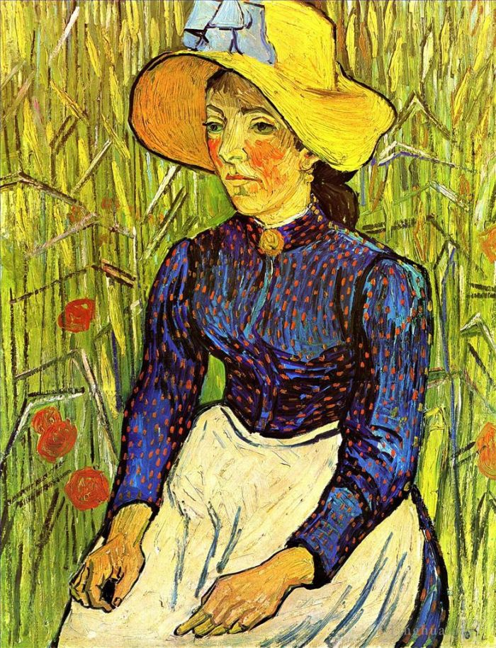 Vincent van Gogh Ölgemälde - Junges Bauernmädchen mit Strohhut sitzt vor einem Weizenfeld