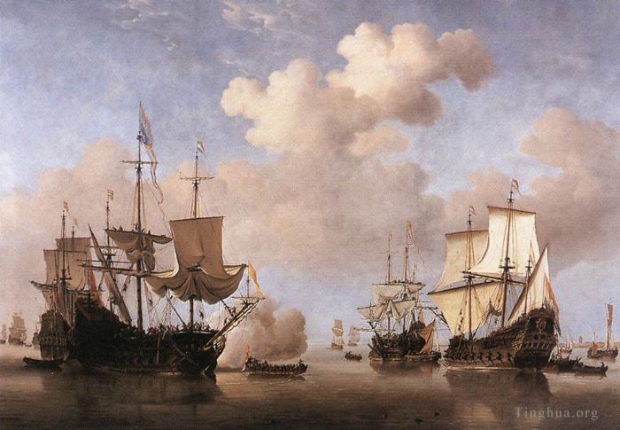 Willem van de Velde the Younger Ölgemälde - Ruhige niederländische Schiffe, die vor Anker gehen