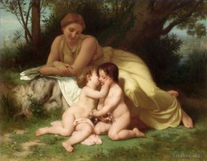 William-Adolphe Bouguereau Werk - Junge Frau betrachtet zwei sich umarmende Kinder
