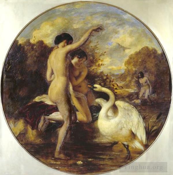 William Etty Ölgemälde - Weibliche Badegäste werden von einem Schwan überrascht