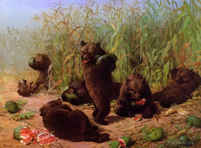 William Holbrook Beard Ölgemälde - Bären im Wassermelonenbeet