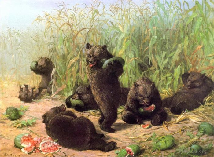 William Holbrook Beard Ölgemälde - Bären fressen Wassermelone