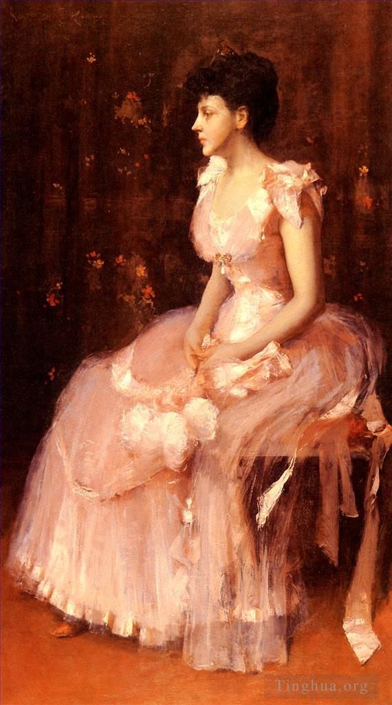 William Merritt Chase Ölgemälde - Porträt einer Dame in Rosa