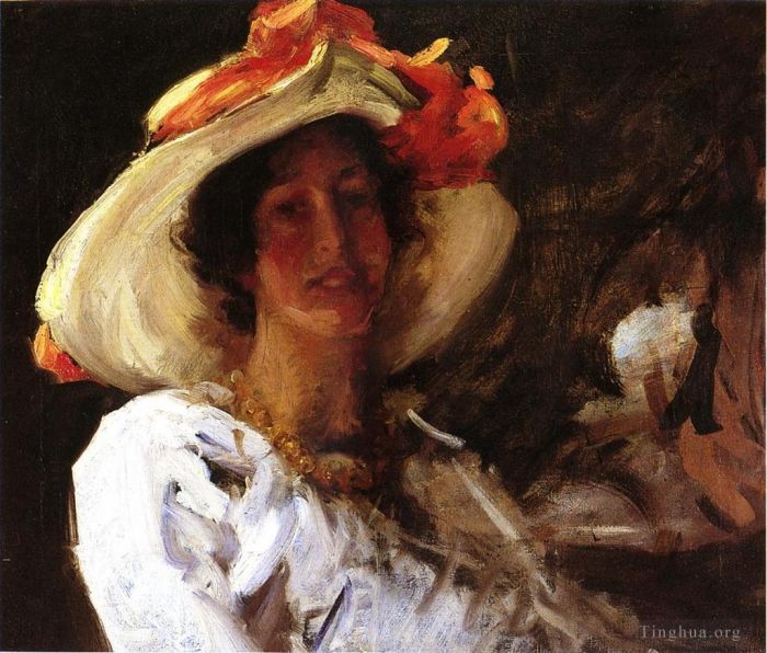 William Merritt Chase Ölgemälde - Porträt von Clara Stephens, die einen Hut mit orangefarbener Schleife trägt