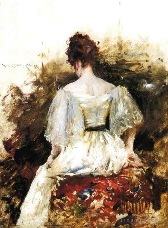William Merritt Chase Ölgemälde - Porträt einer Frau im weißen Kleid