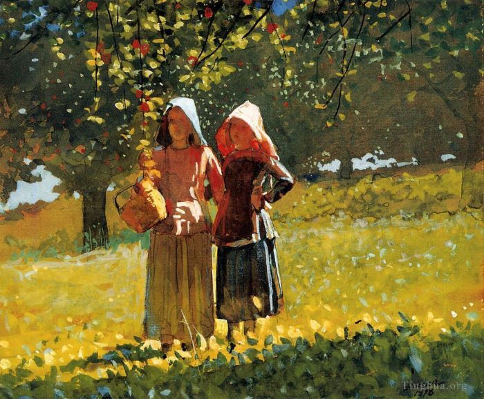 Winslow Homer Andere Malerei - Apfelpflücken, auch bekannt als zwei Mädchen mit Sonnenhauben oder im Obstgarten
