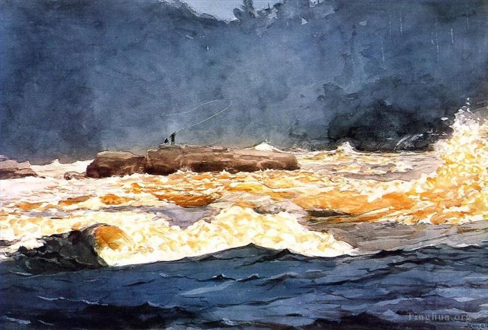 Winslow Homer Andere Malerei - Angeln in den Stromschnellen von Saguenay