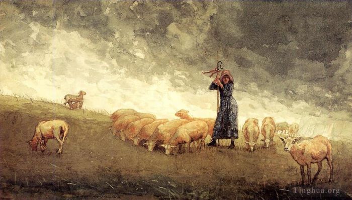 Winslow Homer Andere Malerei - Schäferin, die Schafe hütet