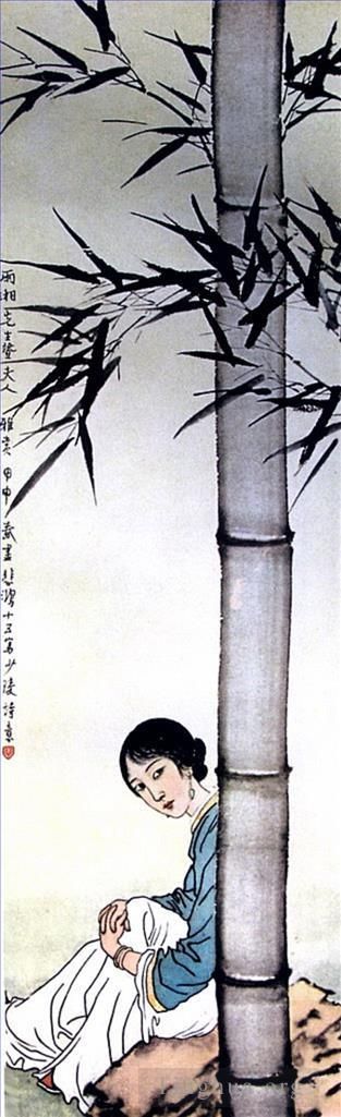 Xu Beihong Chinesische Kunst - Mädchen unter chinesischem Bambus