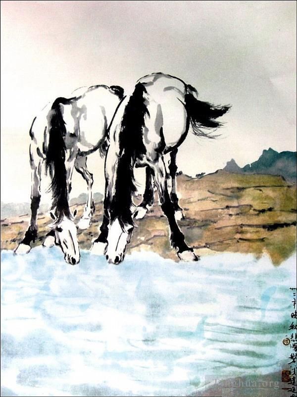 Xu Beihong Chinesische Kunst - Pferde trinken Wasser