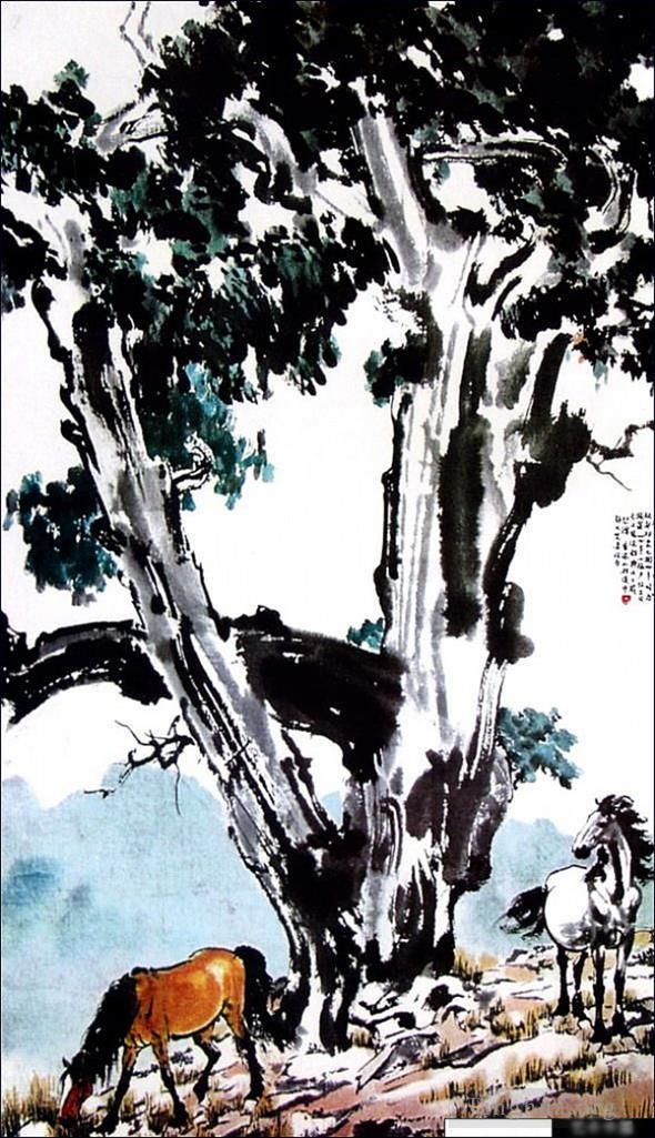 Xu Beihong Chinesische Kunst - Pferde unter einem Baum
