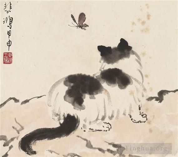 Xu Beihong Chinesische Kunst - Kätzchen mit Schmetterling 1944